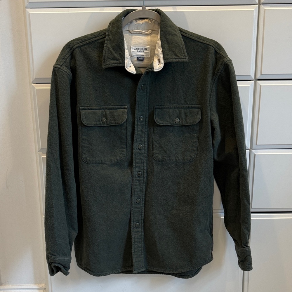 American Eagle Men’s Olive Green Fleece-Lined Button Shirt Jacket Size- XS